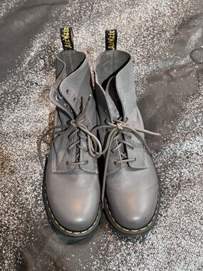 Dr. Martens Gray Leather 8-Eye Lace-Up Boots with Yellow Stitching